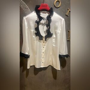 NWOT Vintage Aja Cream Blouse with Black Ruffle Trim